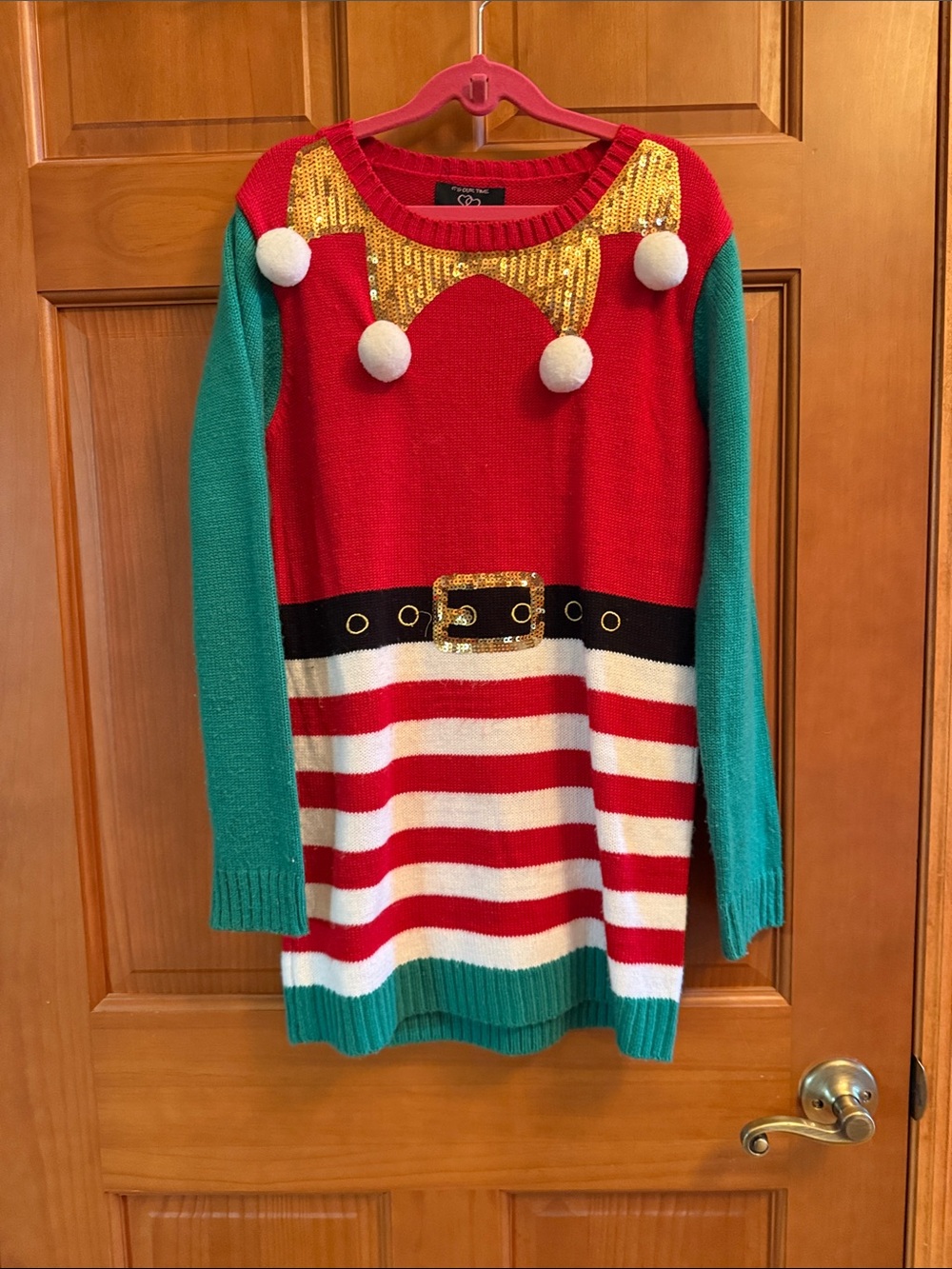 It's Our Time Red, Green & White Elf Sweater Dress with Gold Sequin Trim